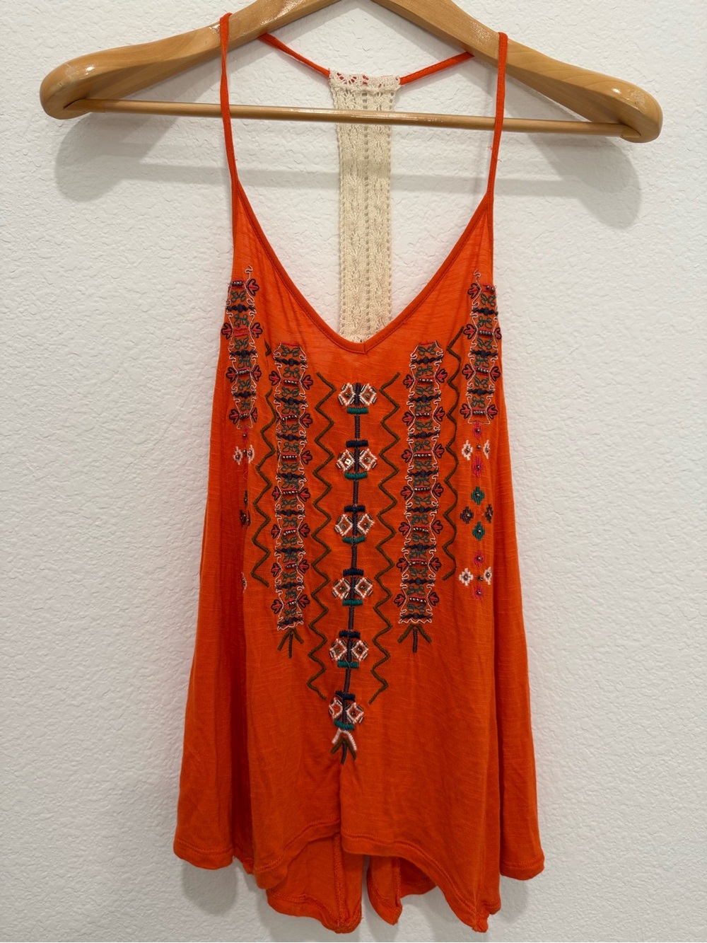 Sun & Shadow Orange Embroidered Crochet Back Tank Top Boho Size S